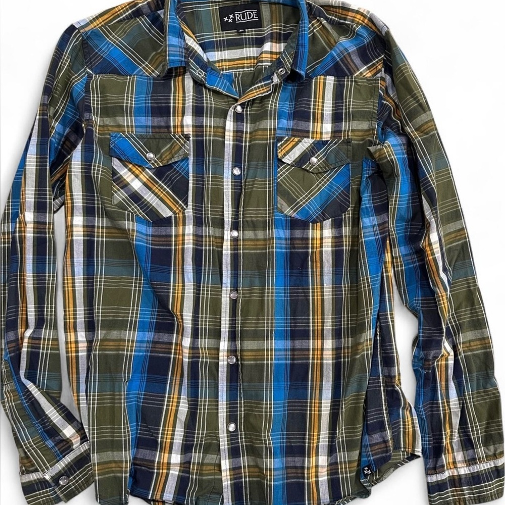 Rude Long Sleeve Pearl Snap Shirt Mens M Multicolor Plaid Rodeo Cowboy Western